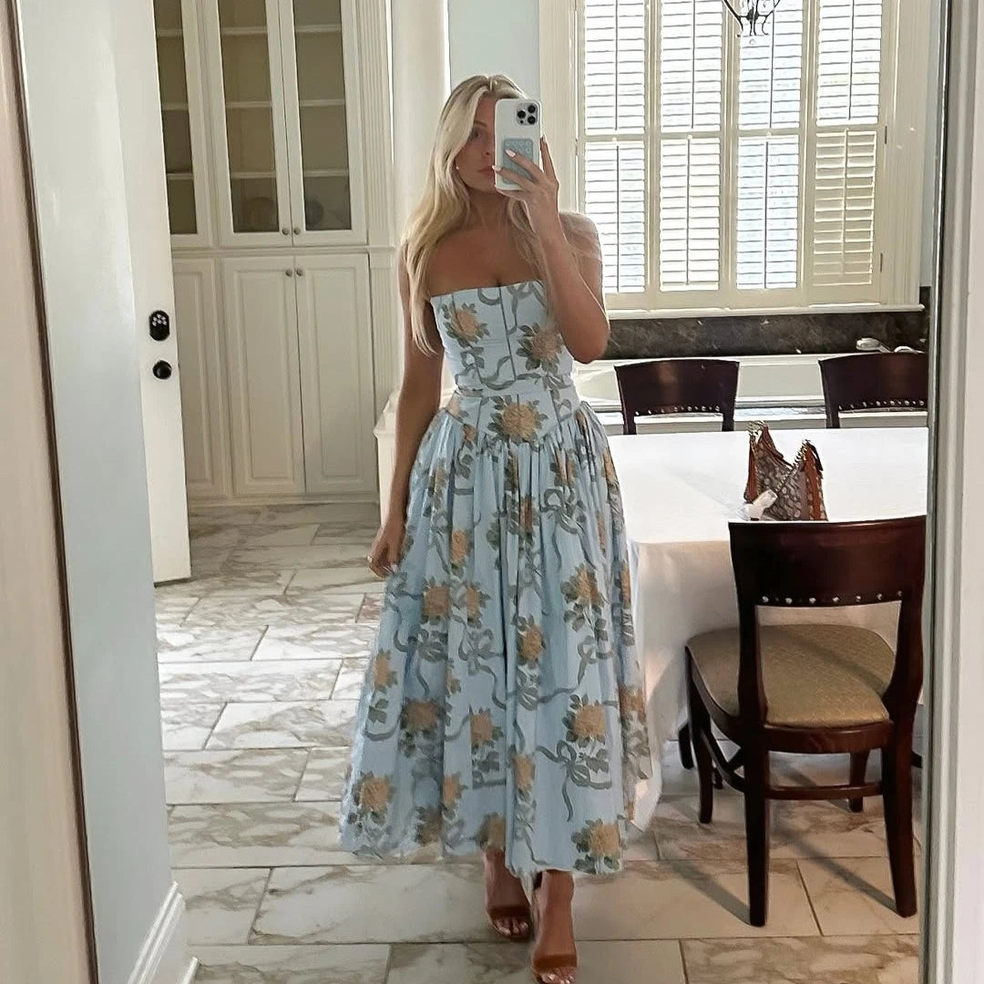 Oligai Floral Print Midi Sundress Elegant Spaghetti Strap Flowy Dress Aussie Summer Women Boho Chic Beach Dress