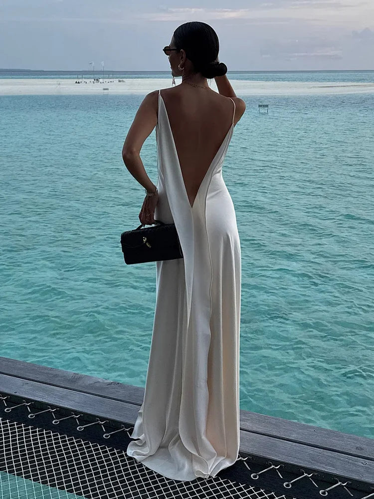 Sexy Satin Ruffles Sling Long Dress Women Ribbon Sleeveless Backless Split Dresses Lady 2026 Summer New Party Club Robes