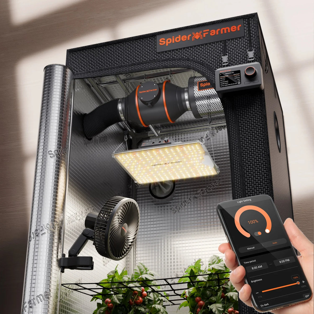 2026 Update Spider Farmer 70x70x160cm Smart Grow Tent Kit w/GGS+SF1000 Full Spectrum LED+6” Clip Fan+4” Ventilation System