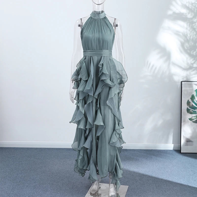 Sexy Cascading Ruffle Pleated Women Long Dress Fashion Lace Up Sleeveless Empire Female Dresses 2026 Spring Summer Lady Robe