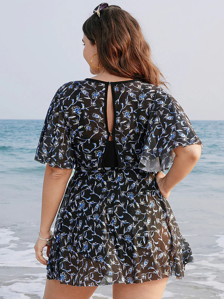One Piece Women's Plus Size Swimwear Stylish Printed Big size Swimsuit Tankini Mesh Patchwork Cover Up Swim Dress