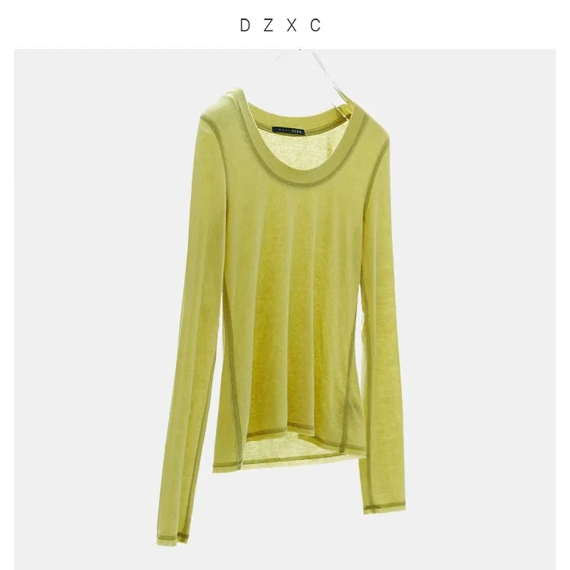 Casual and versatile~Slim-fit base shirt U-neck long-sleeve T-shirt for women Wool blend top 2026 spring new arrival