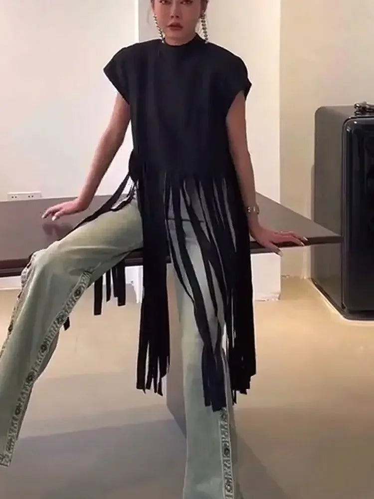 Loose Fringe Short-sleeved T-shirt Top for Women 2025 Summer New Black Long Pullover Smock Mainland China Graphic T Shirts