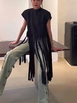 Loose Fringe Short-sleeved T-shirt Top for Women 2025 Summer New Black Long Pullover Smock Mainland China Graphic T Shirts