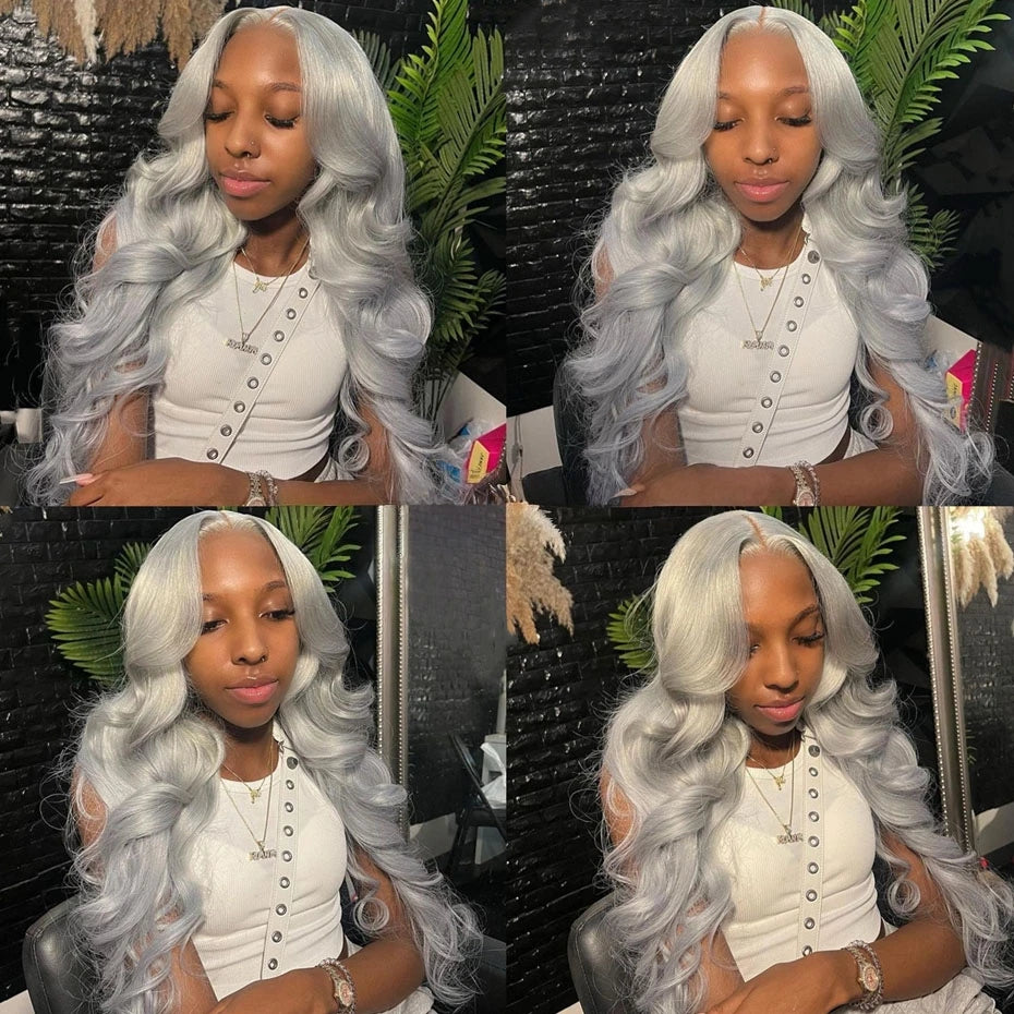 13x6 Silver Grey Colored Lace Front Wigs For Women Gray Long Body Wave Remy Transparent Lace Frontal Human Hair Wig Pre Plucked