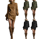 Autumn Retro Solid Suede Mini Short Dresses Sexy Turtleneck Slim Woman Pullover Dress Winter Long Sleeve Pockets Female Clothing