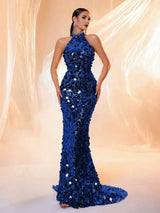 LOVE&LEMONADE Sexy Halter Neck Gold Sequin Backless Maxi Evening Dress for Women Wholesale Dropshipping LM86444