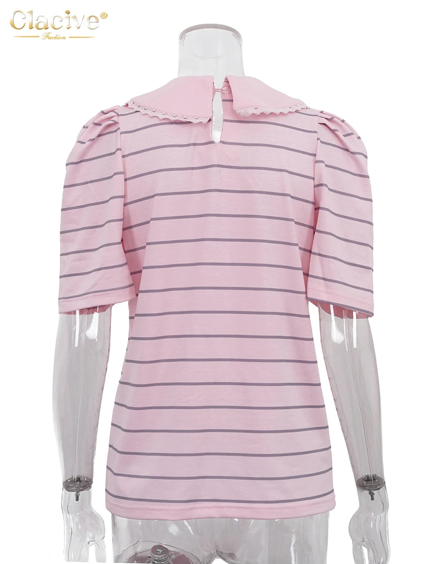 Clacive Summer Loose Stripe Print Women's T-Shirt 2026 Fashion Lapel Short Sleeve T Shirts Elegant Classic Top Female Clothing