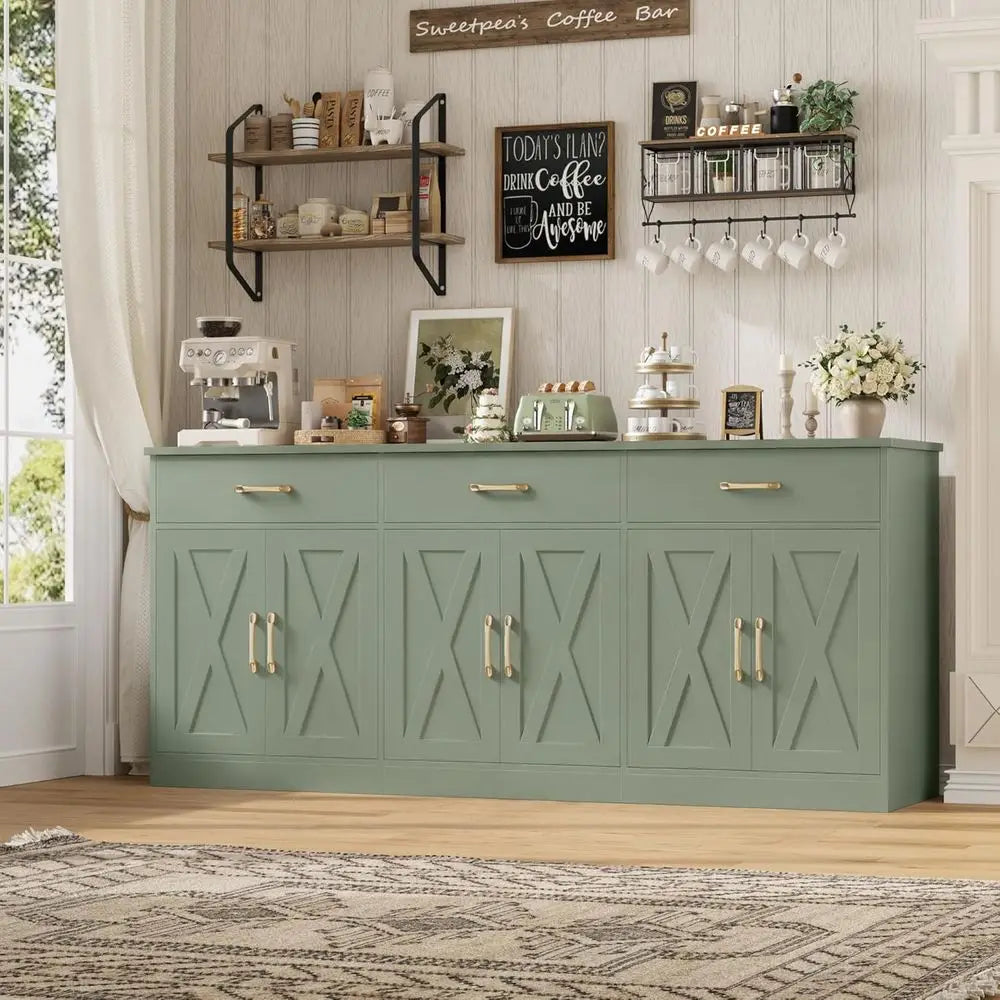 71 Large Sideboard Buffet Cabinet with Storage, 3 Drawers, Green, Ideal for Kitchen, Dining, and Living Rooms
