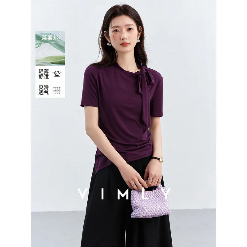 VIMLY Women's Summer T-Shirt 2026 Elegant Fashion Ladies Tee Adjustable Bow Tie Asymmetrical Hem Slim Fit Short Sleeve Top A5210