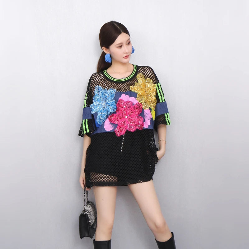 2025 Spring Summer New Fashion Women Mesh Flower Loose T-shirts Short Sleeve Top Female Wholesale J1187