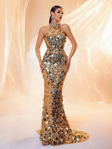 LOVE&LEMONADE Sexy Halter Neck Gold Sequin Backless Maxi Evening Dress for Women Wholesale Dropshipping LM86444