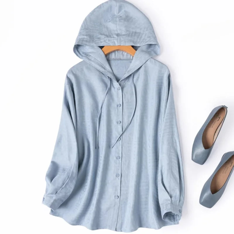 Birdtree, 100% Silk Jacquard Blouse, Spun Silk Loose Tops, Women's Hooded Full Sleeve Blue Shirt, 2026 Spring New T62004JF
