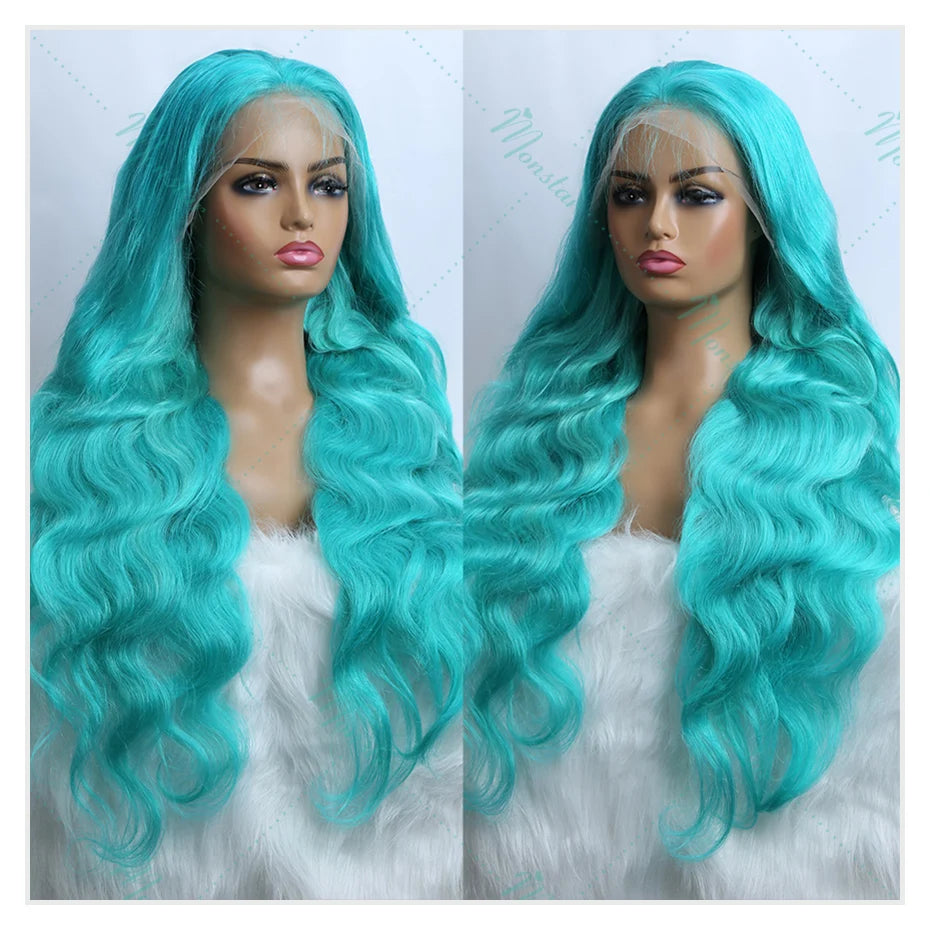 Teal Color Human Hair Wig Brazilian Remy Body Wave Lace Front Wig Pre Plucked Cyan Green 13x6 Hd Lace Frontal Wigs For Women 30"
