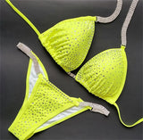 NPC IFBB Pro Competition Bikini Posing Suit for Women Rhinestone Connectors Scrunch Bikini
