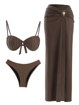 New Stylish Bikini 3 Piece Sexy Shell Swimsuit and O Ring Long Skirt Brazilian Biquini High Split Beachwear Vacation Outfit K131