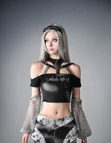 original design y3k future printing removable mesh silver sleeve two ways summer shirt halter neck black punk gothic tshirt Tee