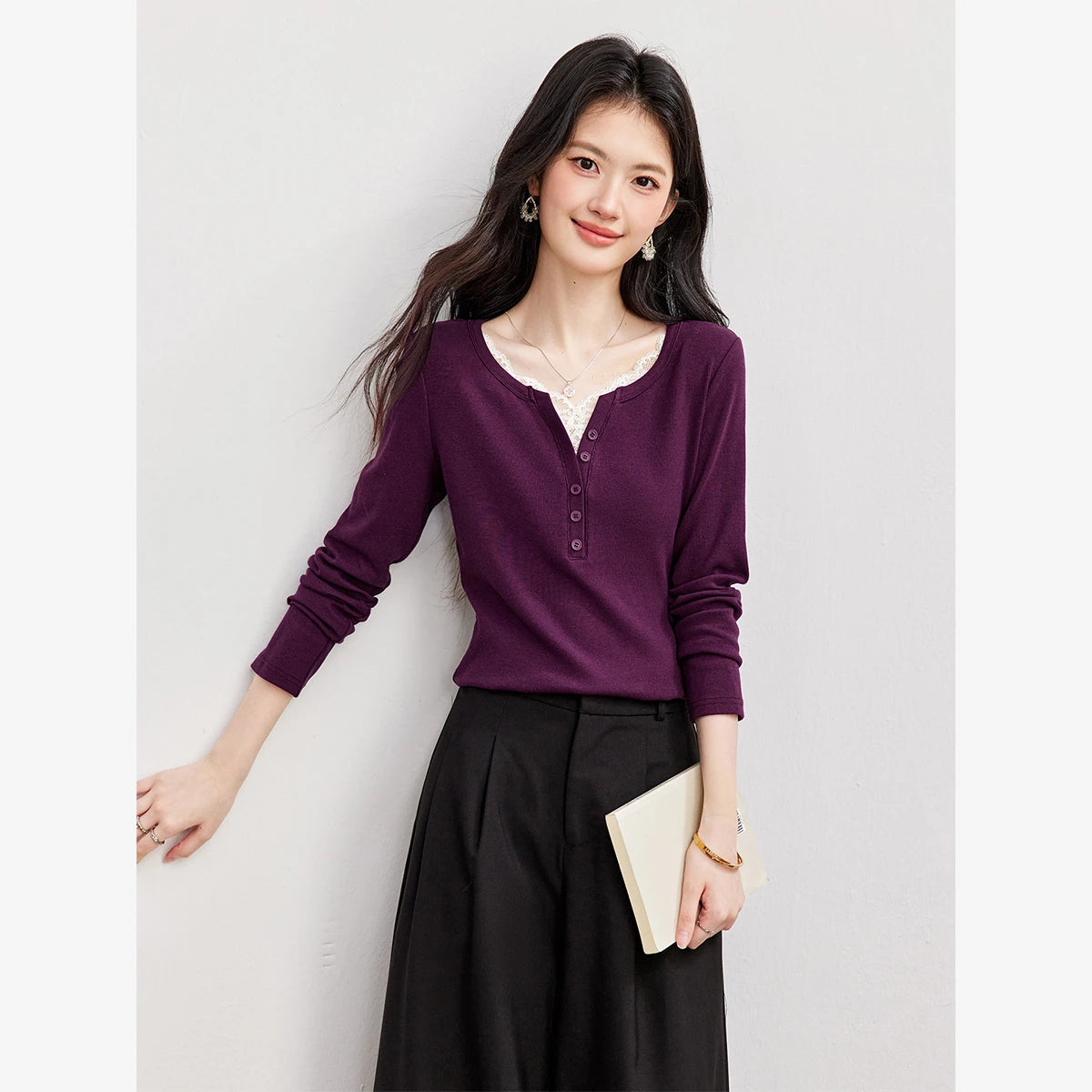 VIMLY Green Long Sleeve T-shirt Women Fashion Henley Neck Lace Spliced Slim-fit Knit T-shirt 2026 Fall Elegant Top Female 31596