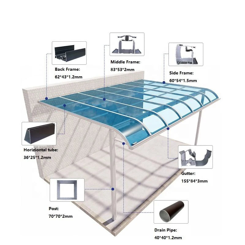 Curved Aluminum Awning with Polycarbonate Roof UV Protection Sun Shelter for Patio Entrance Villa
