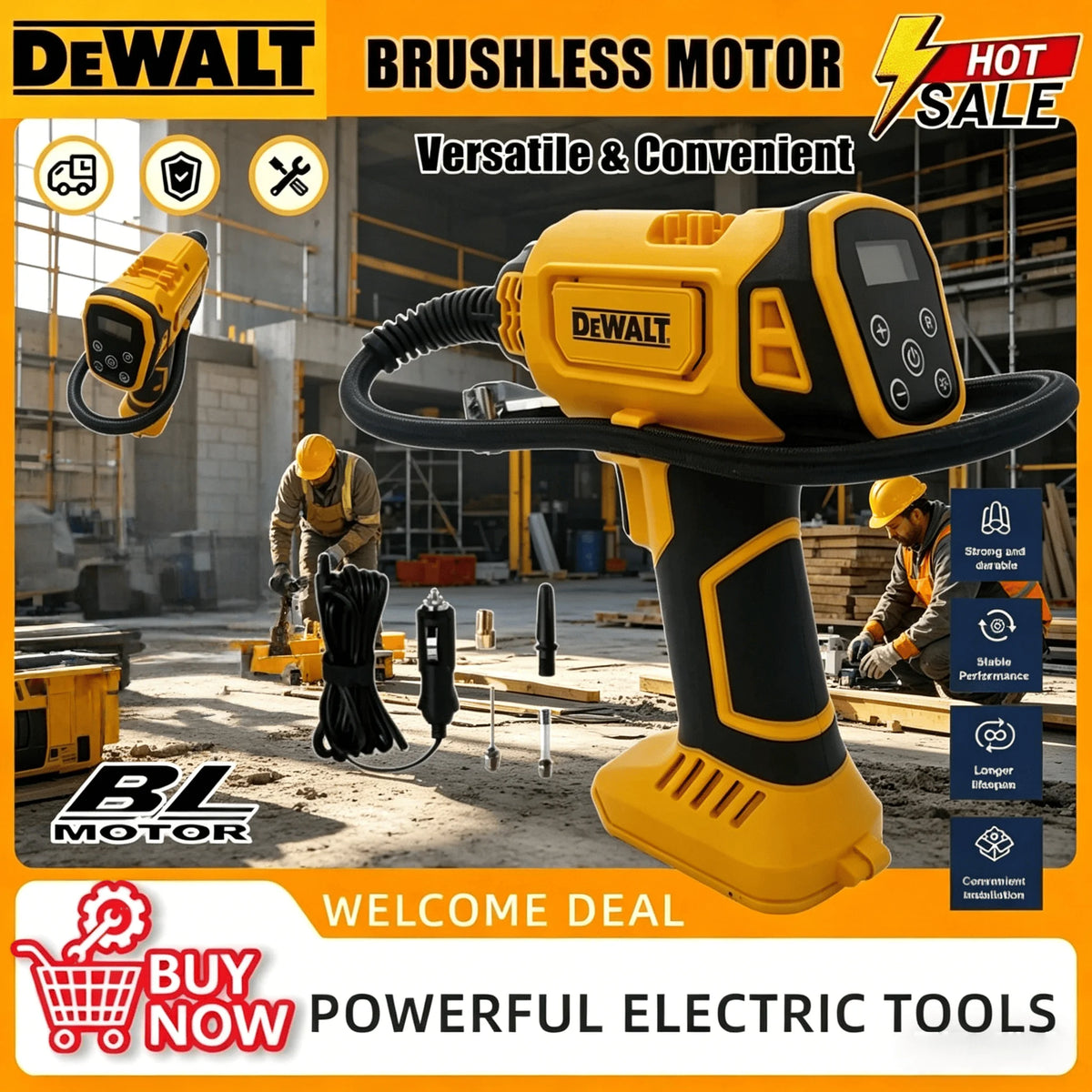 Dewalt Cordless Rechargeable Handheld Electric Air Pump Compressor with Digital Pressure Gauge for Car Tires & Motorcycles