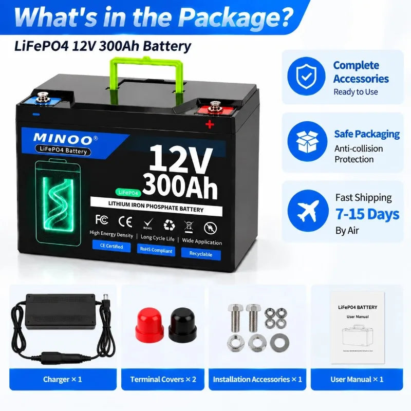 12V 300Ah 21700 LiFePO4 Battery Built-in Smart BMS,8000+ Cycles, Suitable for Solar Panels, Camper Vans, Marine Crafts