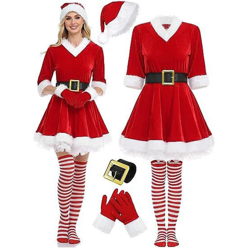 Women's Christmas Costume Set Santa Claus Outfit Velvet Dress With Striped Thigh-High Socks and Elf Hat