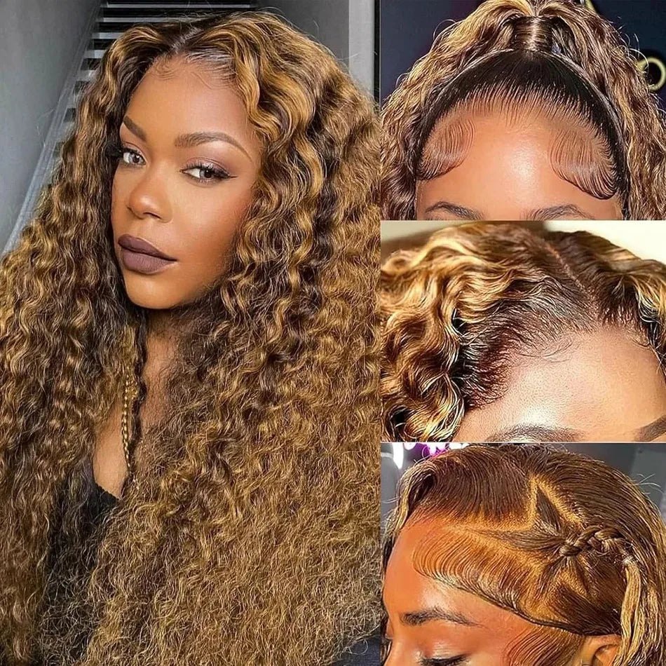 Deep Wave Curly Human Hair Wig Honey Blonde Highlight Wig Human Hair 5x5