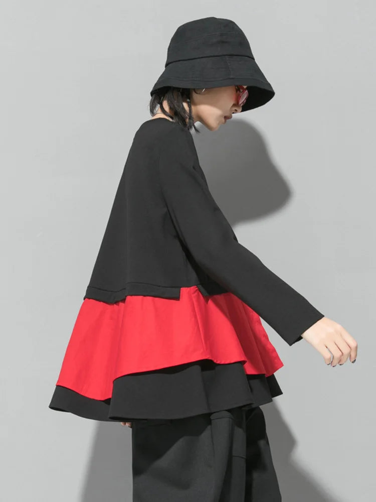 EAM Women Ruffles Hem Big Size Irregular Red T-shirt New Round Neck Long Sleeve Fashion Tide Autumn 2026 1DF1494