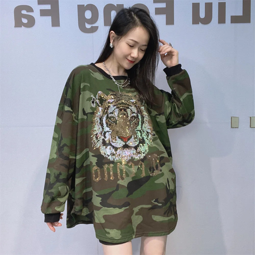 Tiger Head Camouflage Long Sleeve T Shirt Woman 2026 Spring Casual O Neck Oversized Tees Japanese Korean fashion Top Y2k Bust140