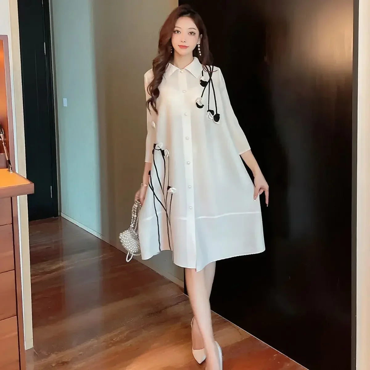 YUDX Miyake Pleated Large Size Dress Lapel Print Loose Large Size Fat Thin Single-breasted Cardigan Dress 2025 Autumn
