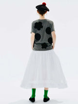 IMAKOKONI original design black flower polka dot printed T-shirt grey round neck puller short sleeve summer top