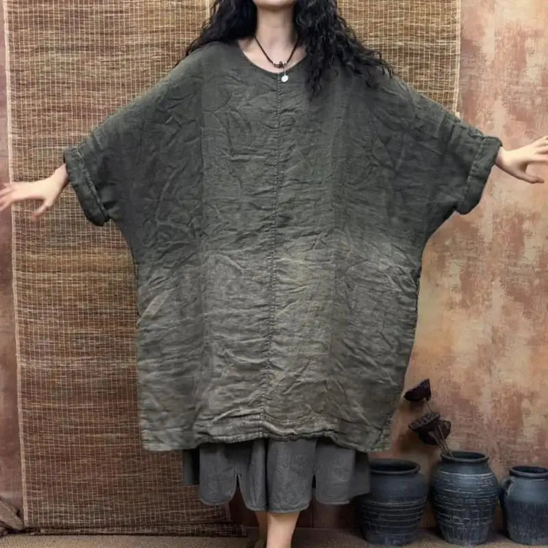 Spring Summer Arts Style Women O-neck Loose Batwing Sleeve Tee Shirt High Quality Linen Gradient Vintage Long Tops Tees T295