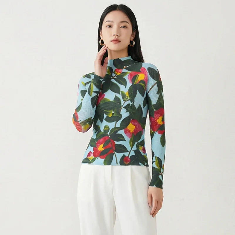 LANMREM Flower Printting Pleated Women's T-shirt High Elastic Slimming Design Stand Collar Long Sleeve Pullover Tops 2DB6574