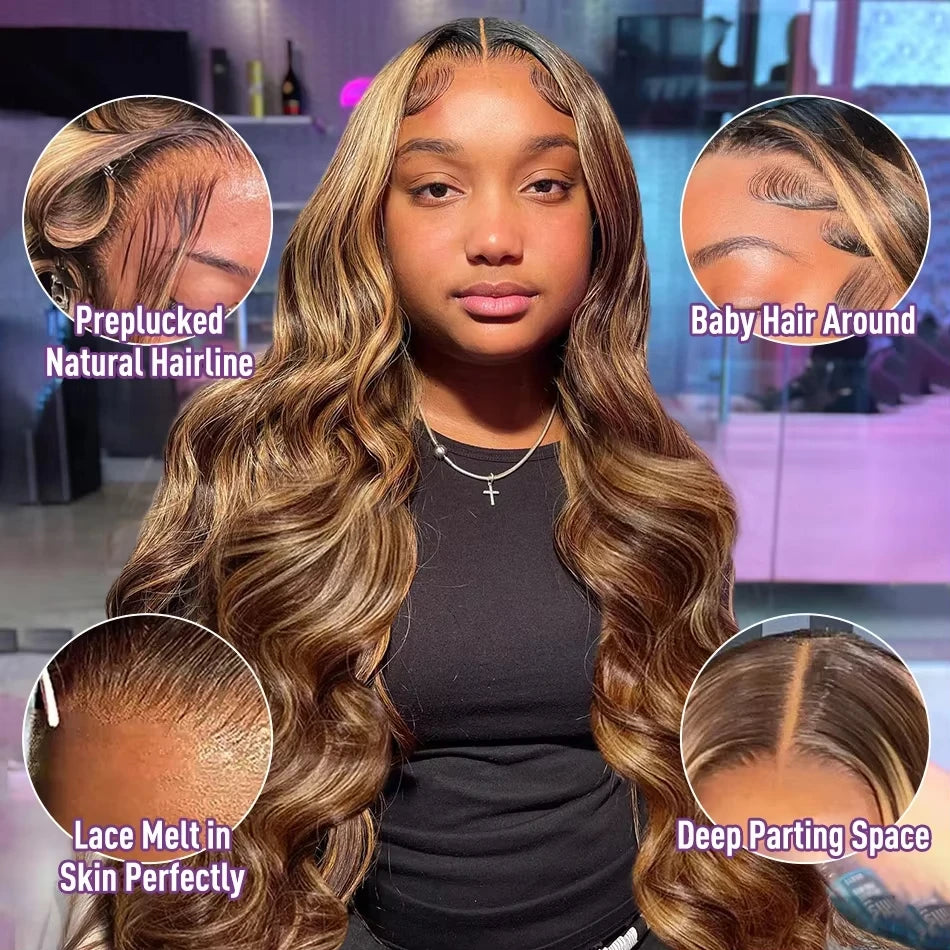 Body Wave 13x4 Hd Transparent Lace Front Wig Colored Highlight Human