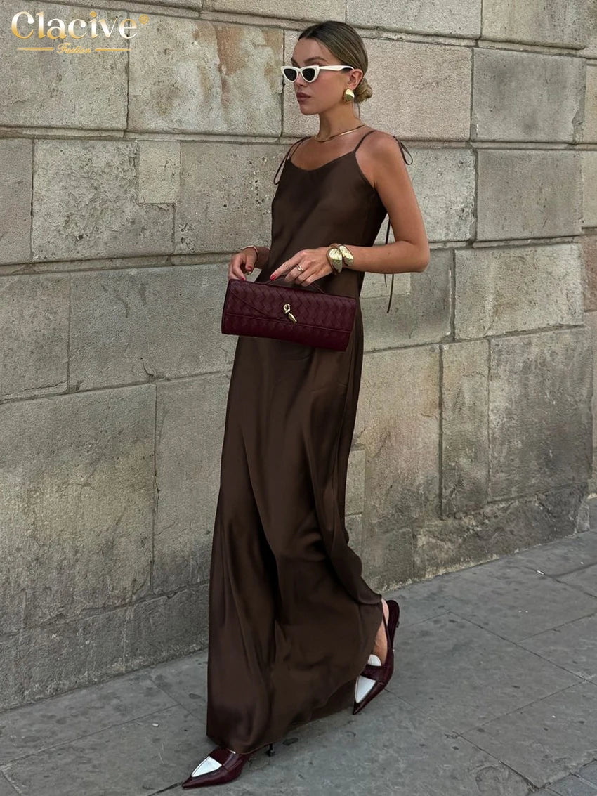 Clacive Fashion Loose Brown Satin Womens Dresses 2025 Summer Strap Sleeveless Floor Length Dress Sexy Backless Female Dress