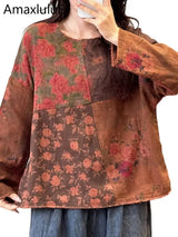 Amax LuluE Chinese Womens Spring Fashion Floral Vintage T-shirts Ladies Loose Casual O Neck Clothes Classic Printed Cotton Tops