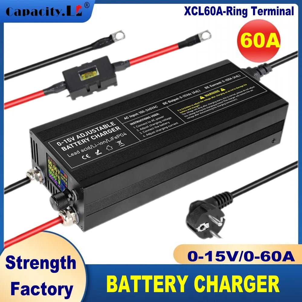 12v 100A 60a lithium Battery Charger 30A 20A 40A 50A Fast Charger with Adjustable Current 100V-240V for Lifepo4 Lithium Battery