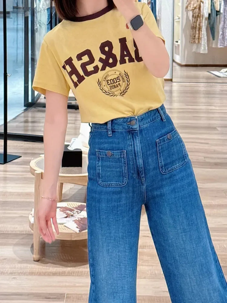 2026 Summer Women's White Letter Printed Round Neck Short Sleeve Casual Short Sleeve Top