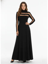 Freeacy Women's Black High Neck Long Sleeve High Waist Flared Maxi Gown See-through High-End Evening Dresses 2026 Party Dress