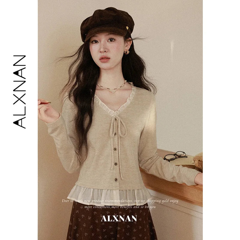ALXNAN Oat Long Sleeve T-shirt V-neck Thin Strap Bow Buttons Chest Decorated Lace Splicing Neckline and Hem Ladies Tops L67631