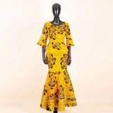 Afripride African Dresses for Woman Customized Loose Gold Ankara Printed Two Piece Flared Sleeve Fishtail Hem Dress 2425046
