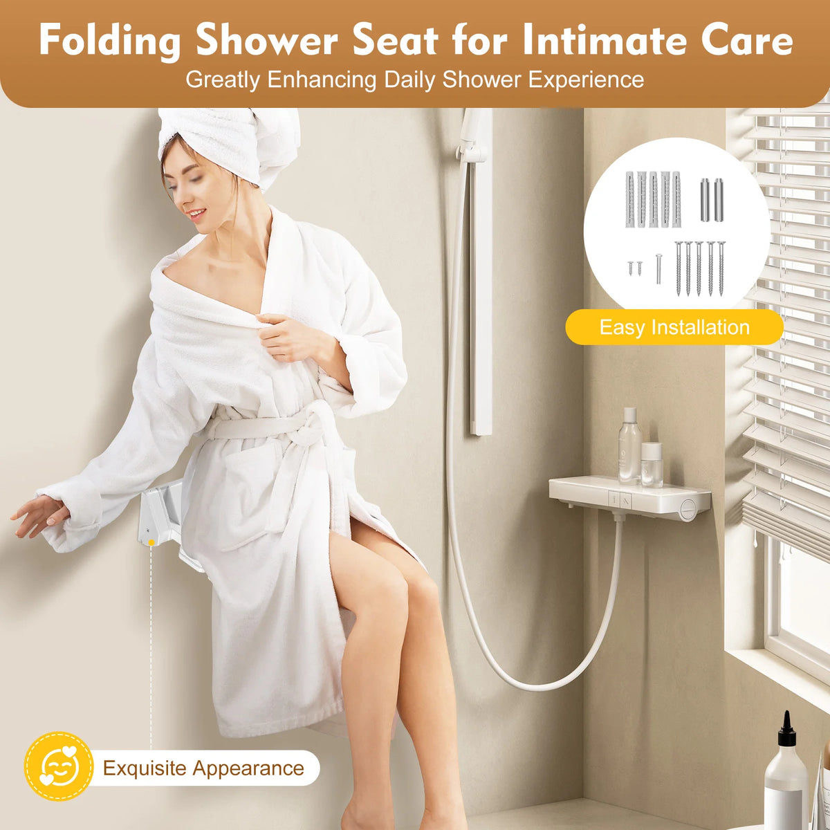 90° Folding Shower Seat Wall-Mounted Waterproof Shower Bench Shoe Changing Stool White Load 130kg for Bathrooms Porches 32*34cm