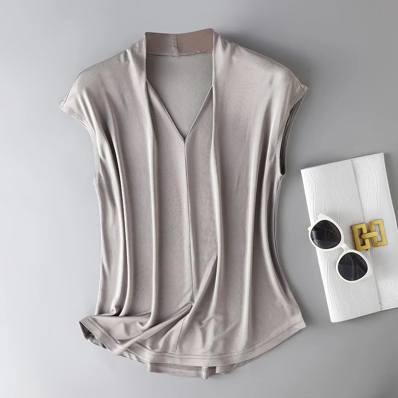 Birdtree, 23% Silk 77% Viscose Solid T Shirt, V-Neck Soft Basics Tops, Women's Sleeveless Casual Shirt, 2026 Spring New T62216JF