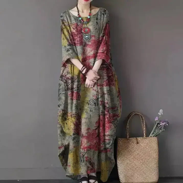 SuperAen 2022 New Loose Printed Cotton Linen Round Neck Long Sleeved Vintage Oversize Dress Women Boho Long Maxi Dress