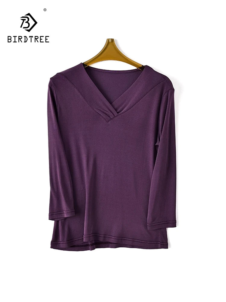 BirdTree, Natural Silk Casual T-Shirt, Women V Neck 3/4 Sleeve Solid, Soft Versatile Bottom Top, 2026 Autumn Winter T48418QC