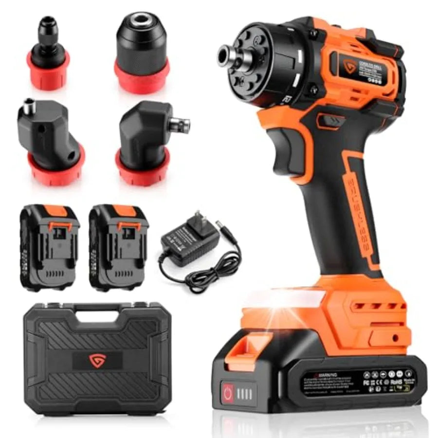 21V Brushless Cordless Drill Driver Kit 5-in-1 Multi-Head System with 2 Batteries and Charger Right Angle Adapter Offset Head 3