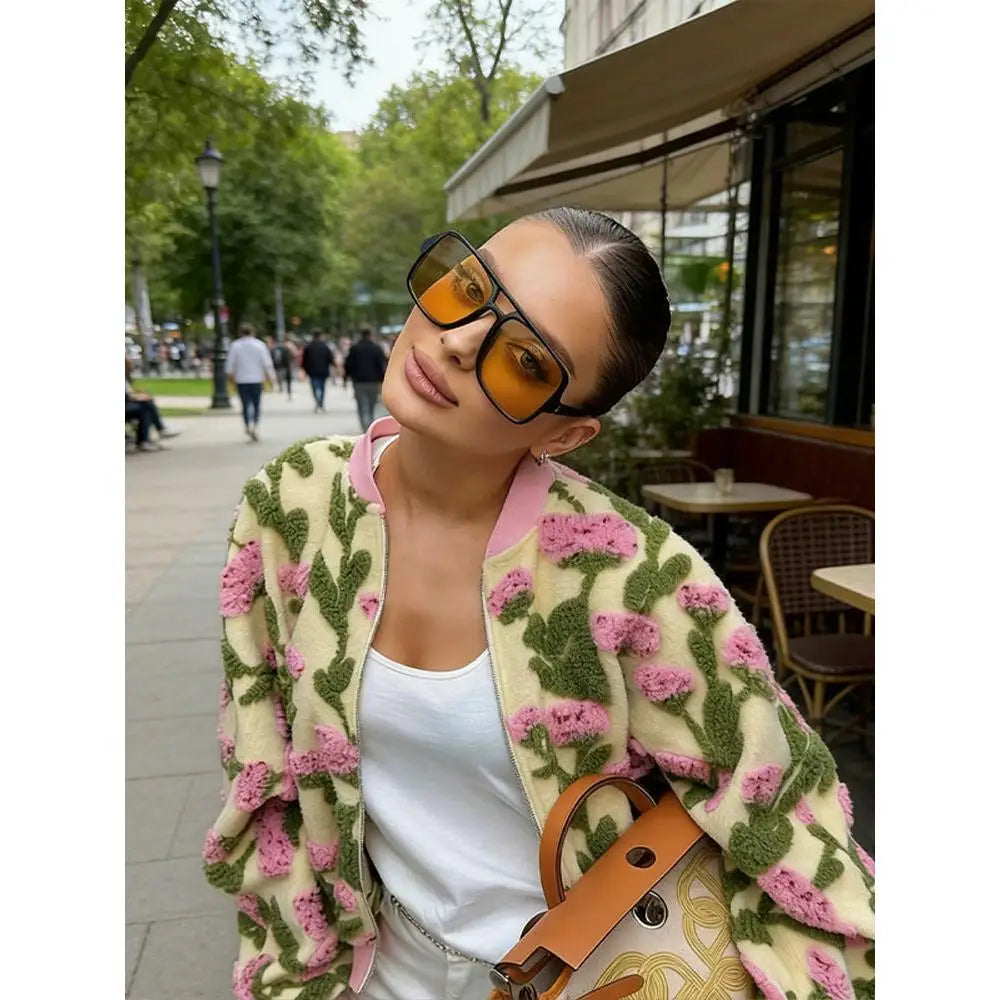 Dreamy Floral Plush Bomber Jacket Women, Oversized Zip Up Long Sleeve Fleece High Street Casual Coat