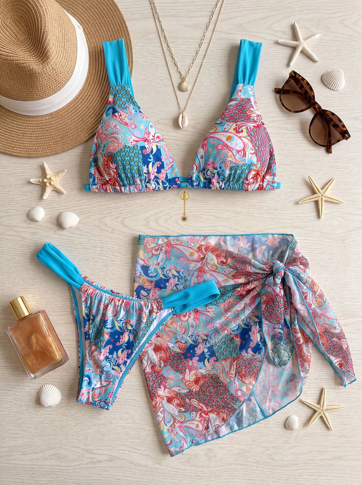Women's 3-Piece Bikini Set with Skirt Casual Swimwear Lake Blue Padded Swimsuit Beachwear Bathing Suit