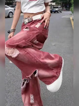 Women's Pink Y2k Ripped Cargo Jeans Harajuku Denim Trousers Aesthetic Y2k Jean Pants Vintage Japanese 2000s Style Trashy Clothes