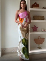  Fashion Printed Curling Edge Dresses Chic Irregular Neck Off Shoulder Open Fork Gown New Women Summer Cocktail Party Vestido